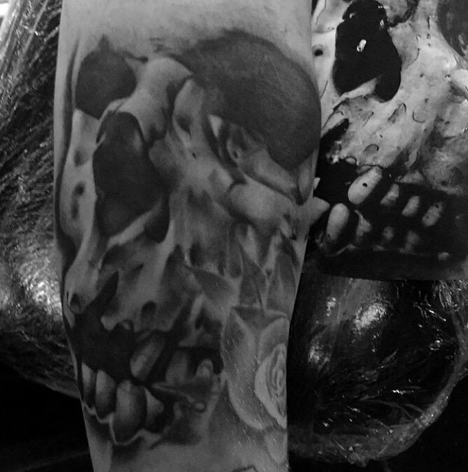 Cráneo realista con una rosa tatuado en el antebrazo, negro y gris